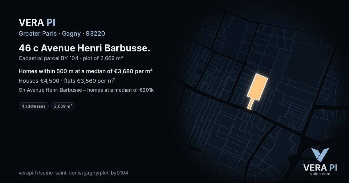 46 c Avenue Henri Barbusse, Gagny at night – the plot lit, the parcels around coloured by the prices near them