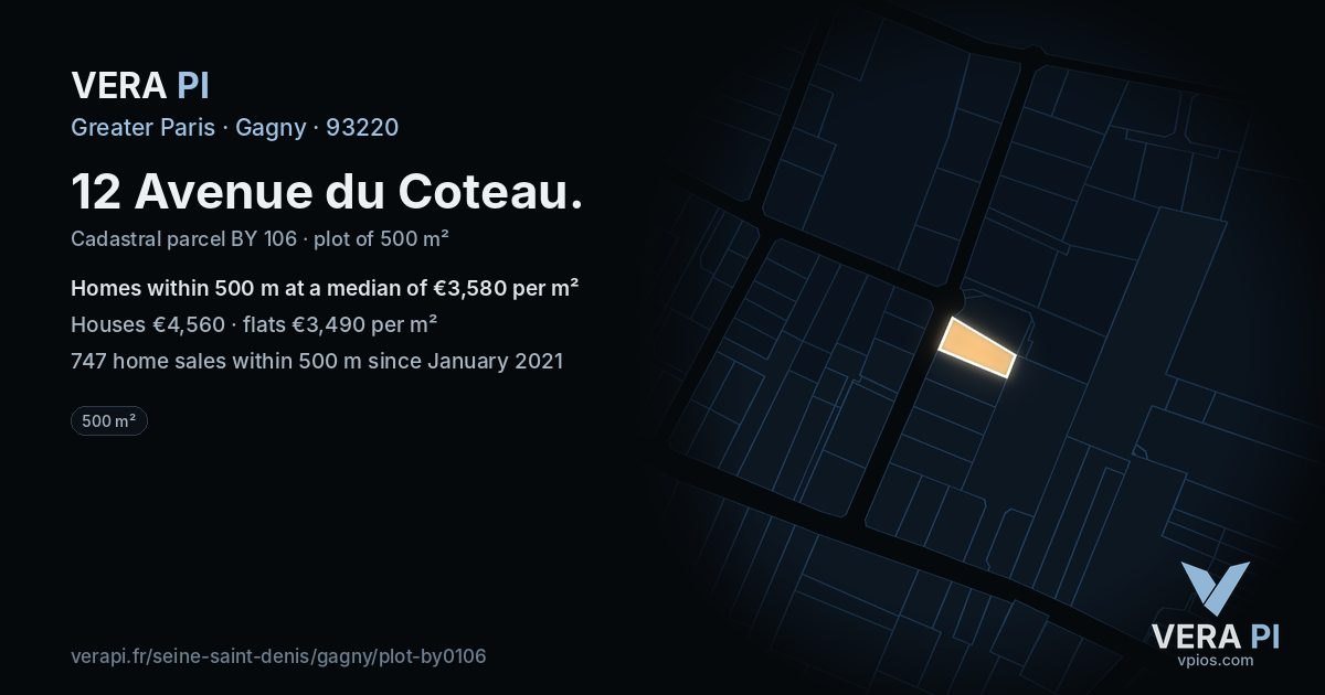 12 Avenue du Coteau, Gagny at night – the plot lit, the parcels around coloured by the prices near them