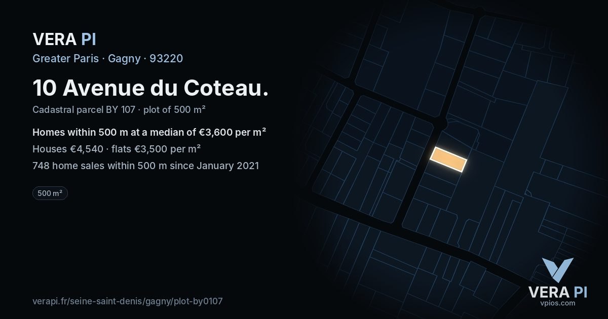 10 Avenue du Coteau, Gagny at night – the plot lit, the parcels around coloured by the prices near them