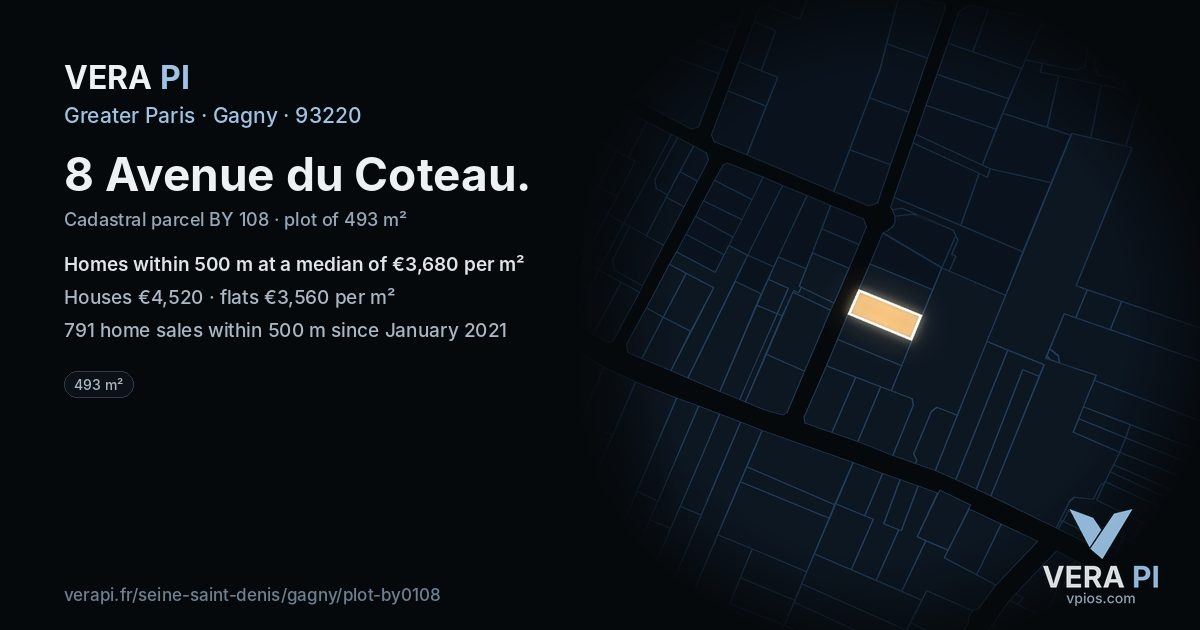 8 Avenue du Coteau, Gagny at night – the plot lit, the parcels around coloured by the prices near them