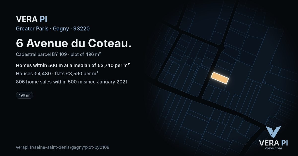 6 Avenue du Coteau, Gagny at night – the plot lit, the parcels around coloured by the prices near them