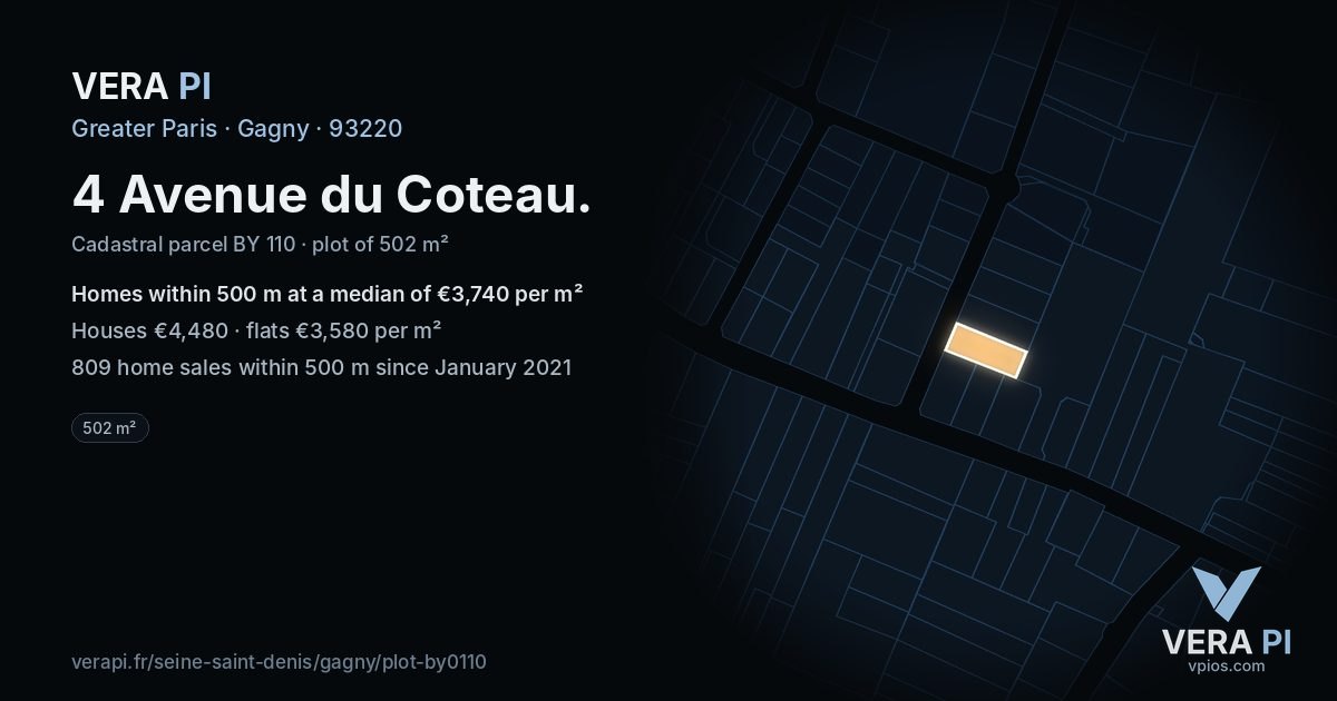 4 Avenue du Coteau, Gagny at night – the plot lit, the parcels around coloured by the prices near them