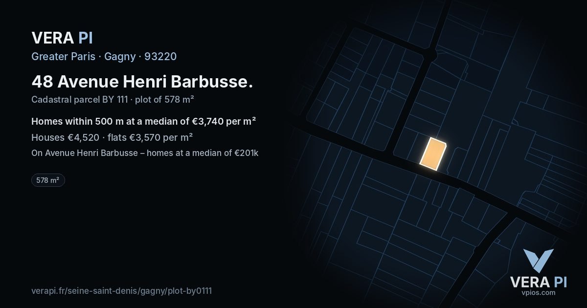 48 Avenue Henri Barbusse, Gagny at night – the plot lit, the parcels around coloured by the prices near them
