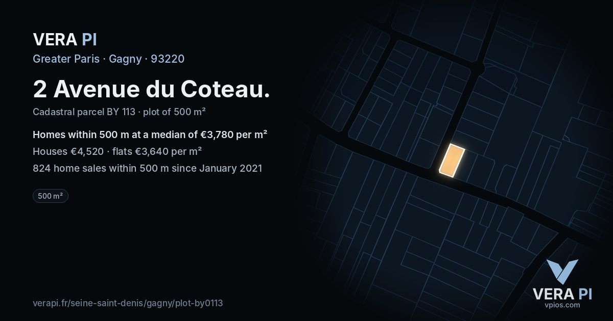 2 Avenue du Coteau, Gagny at night – the plot lit, the parcels around coloured by the prices near them