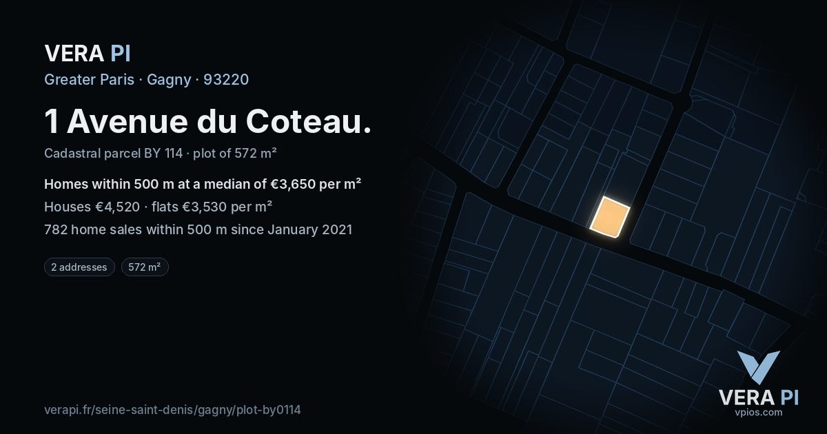 1 Avenue du Coteau, Gagny at night – the plot lit, the parcels around coloured by the prices near them
