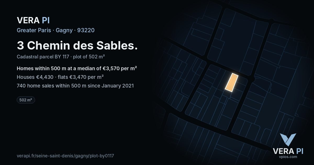 3 Chemin des Sables, Gagny at night – the plot lit, the parcels around coloured by the prices near them