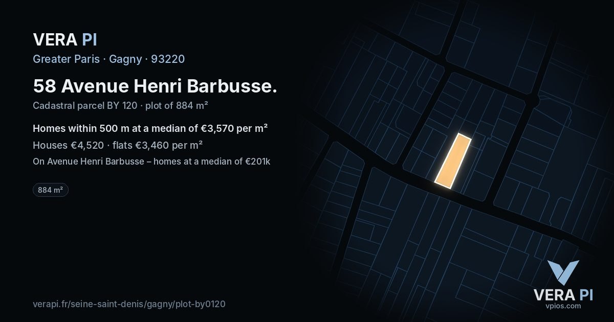 58 Avenue Henri Barbusse, Gagny at night – the plot lit, the parcels around coloured by the prices near them