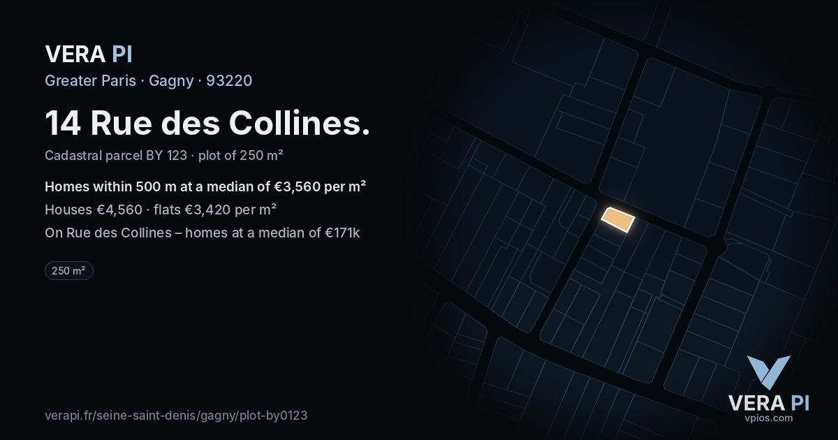 14 Rue des Collines, Gagny at night – the plot lit, the parcels around coloured by the prices near them