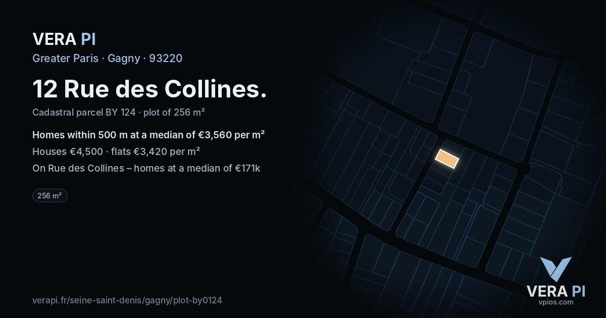 12 Rue des Collines, Gagny at night – the plot lit, the parcels around coloured by the prices near them
