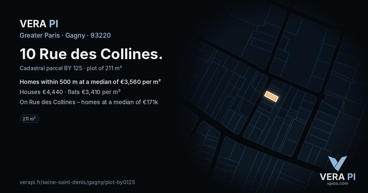 10 Rue des Collines, Gagny at night – the plot lit, the parcels around coloured by the prices near them
