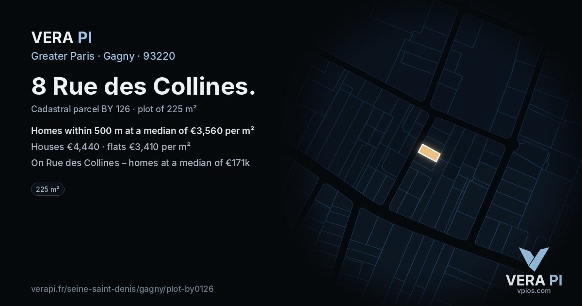 8 Rue des Collines, Gagny at night – the plot lit, the parcels around coloured by the prices near them