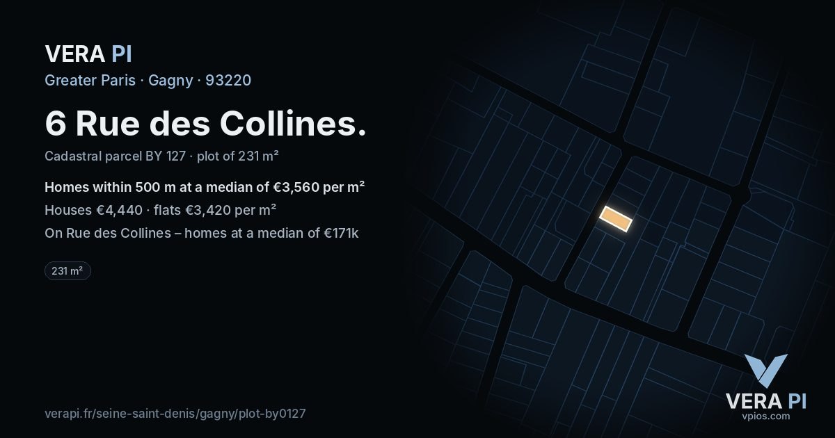 6 Rue des Collines, Gagny at night – the plot lit, the parcels around coloured by the prices near them