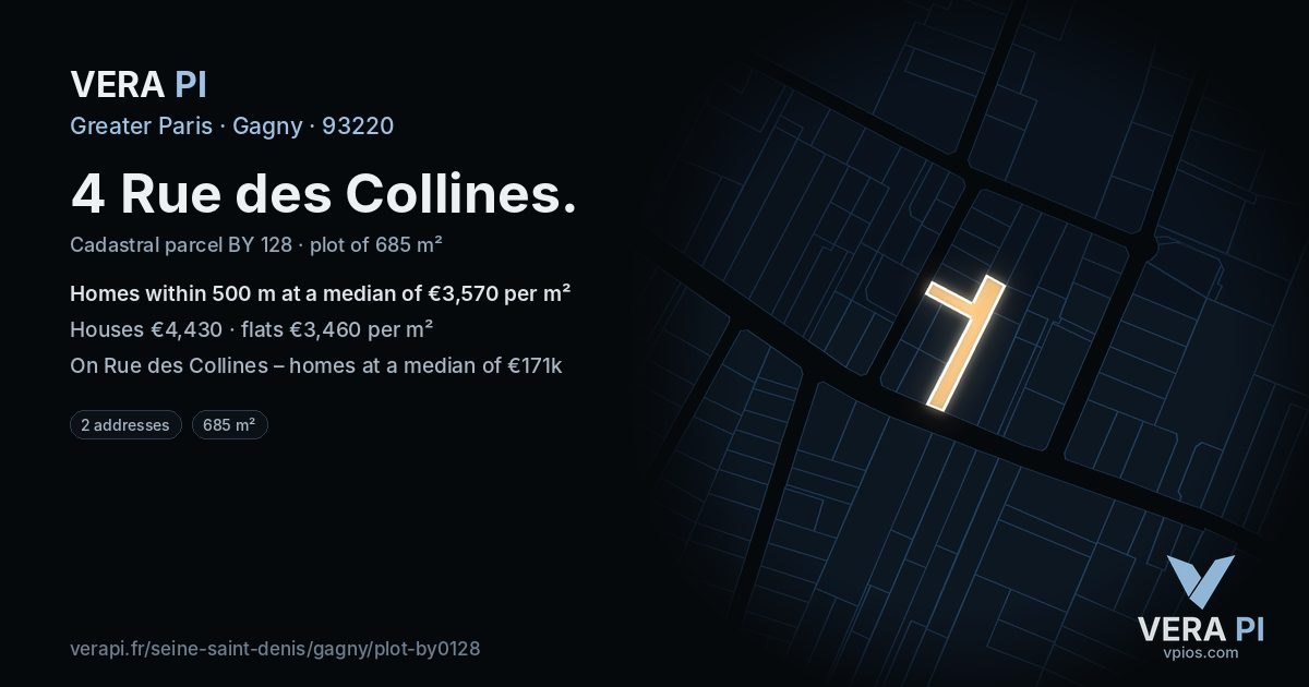 4 Rue des Collines, Gagny at night – the plot lit, the parcels around coloured by the prices near them