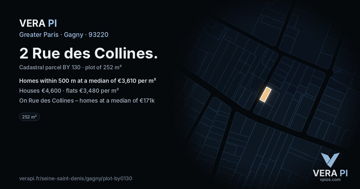 2 Rue des Collines, Gagny at night – the plot lit, the parcels around coloured by the prices near them