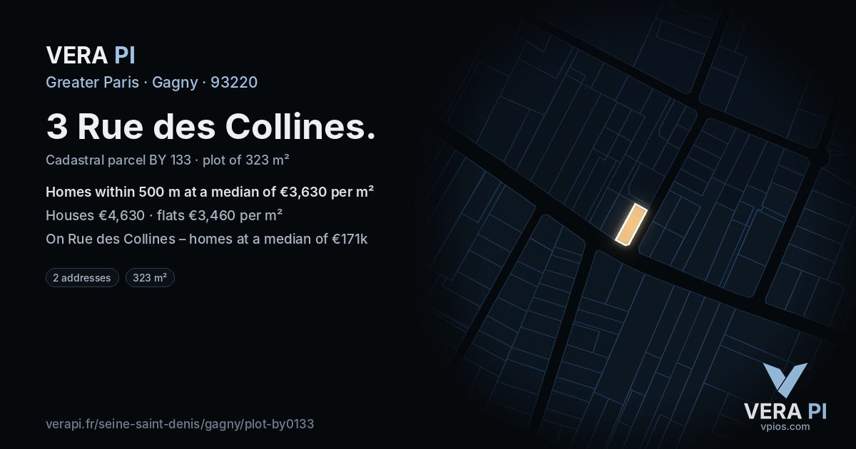 3 Rue des Collines, Gagny at night – the plot lit, the parcels around coloured by the prices near them