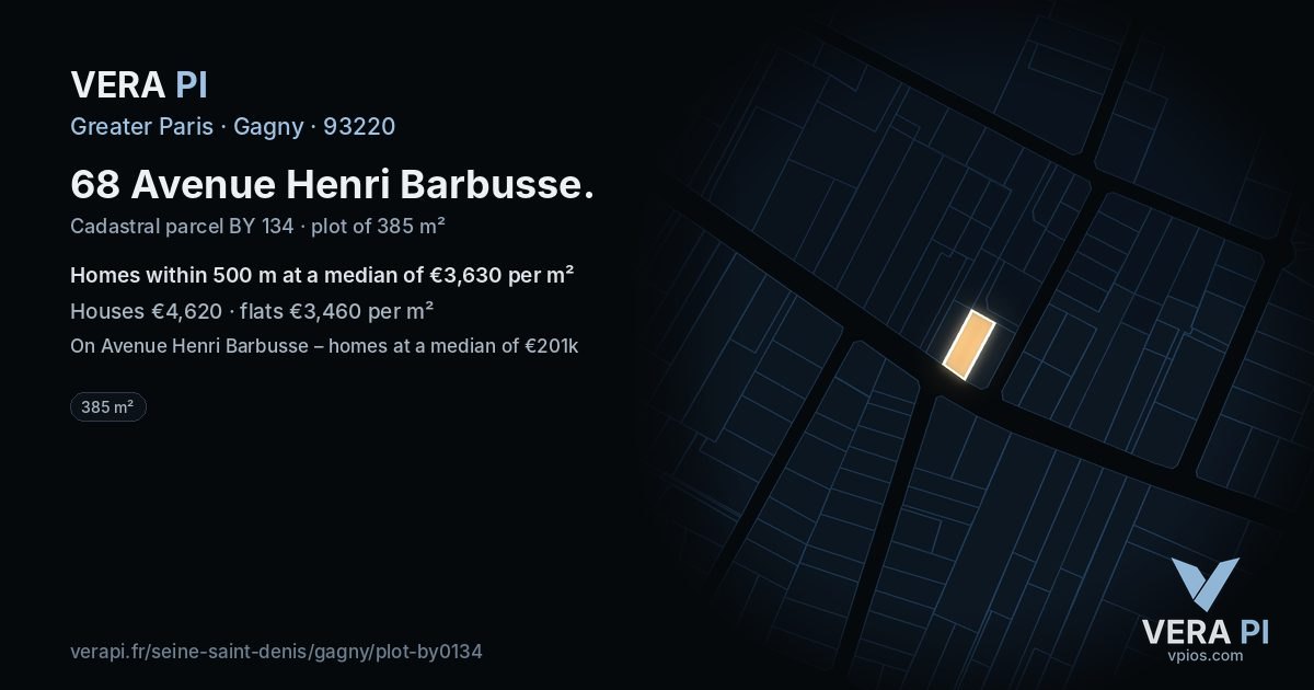 68 Avenue Henri Barbusse, Gagny at night – the plot lit, the parcels around coloured by the prices near them