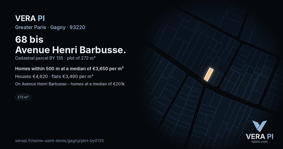 68 bis Avenue Henri Barbusse, Gagny at night – the plot lit, the parcels around coloured by the prices near them