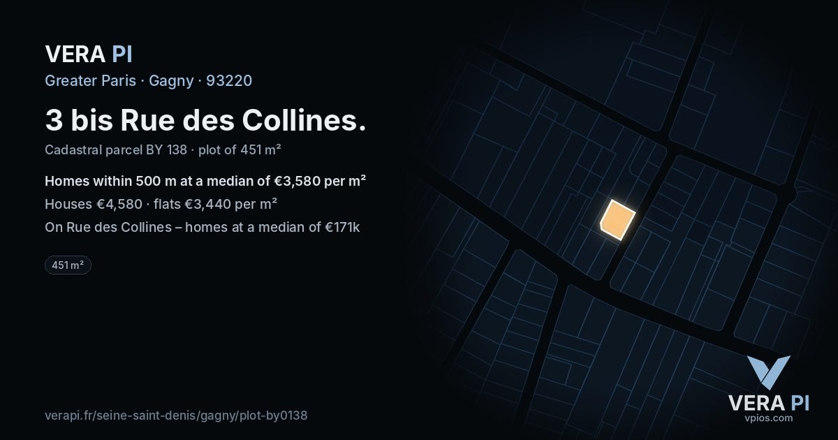 3 bis Rue des Collines, Gagny at night – the plot lit, the parcels around coloured by the prices near them