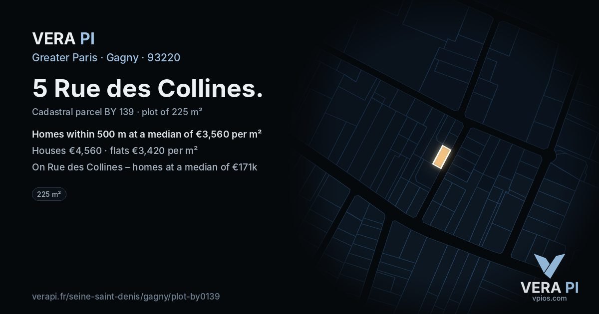 5 Rue des Collines, Gagny at night – the plot lit, the parcels around coloured by the prices near them