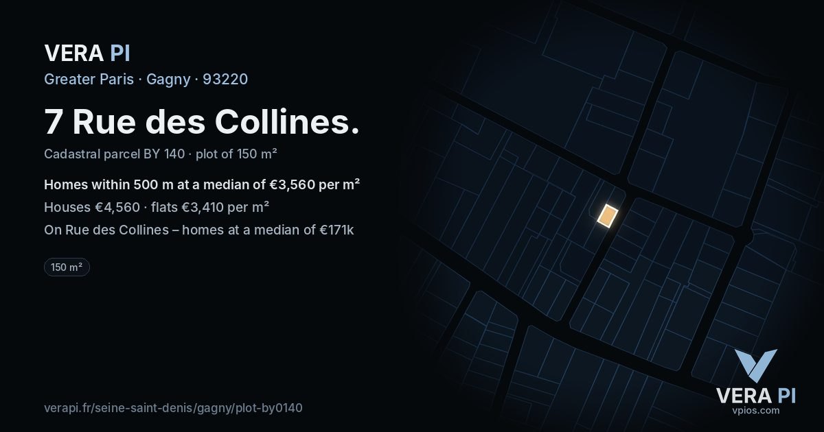7 Rue des Collines, Gagny at night – the plot lit, the parcels around coloured by the prices near them