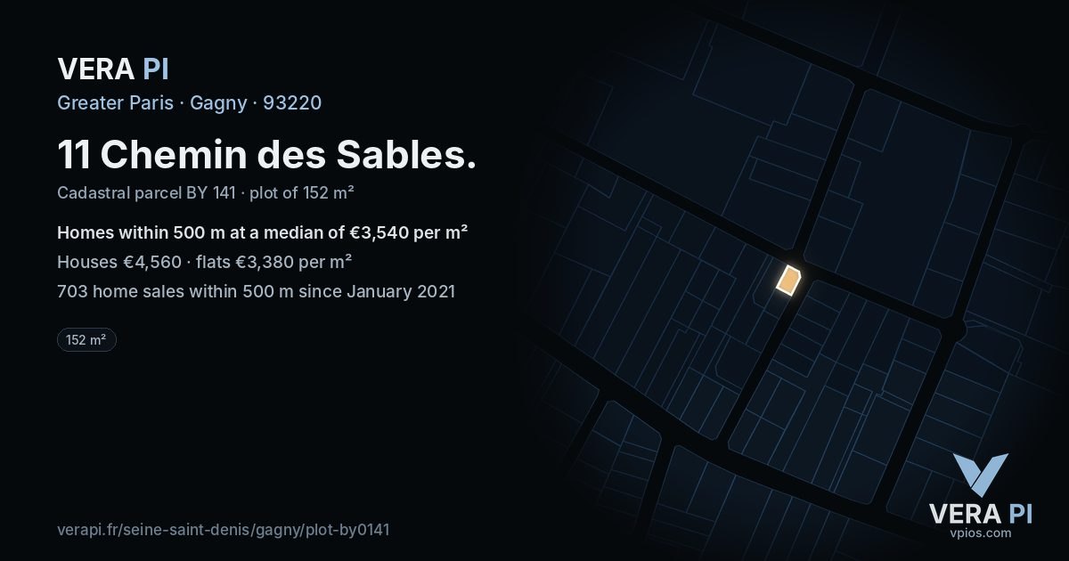 11 Chemin des Sables, Gagny at night – the plot lit, the parcels around coloured by the prices near them