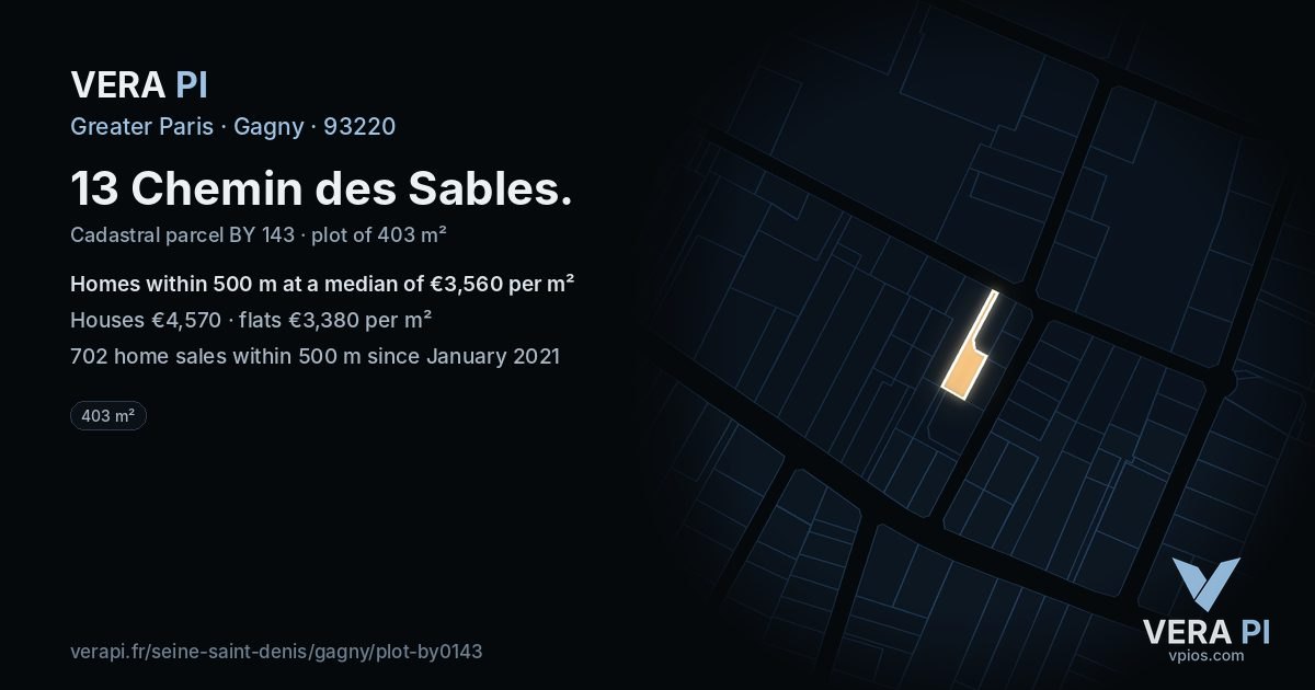 13 Chemin des Sables, Gagny at night – the plot lit, the parcels around coloured by the prices near them
