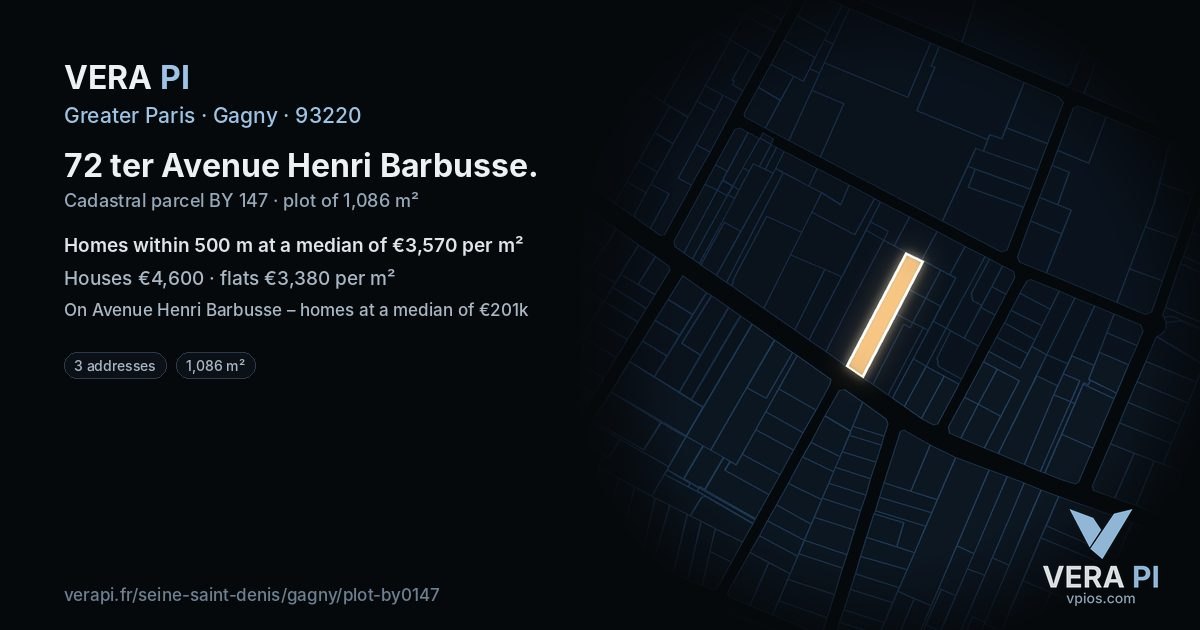 72 ter Avenue Henri Barbusse, Gagny at night – the plot lit, the parcels around coloured by the prices near them
