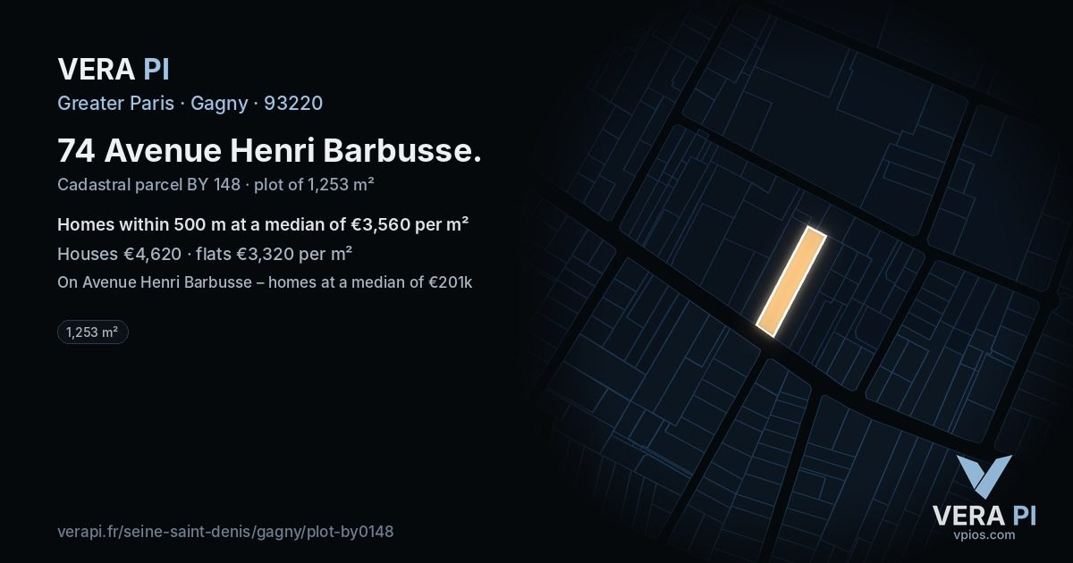 74 Avenue Henri Barbusse, Gagny at night – the plot lit, the parcels around coloured by the prices near them