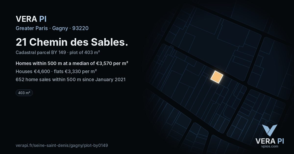 21 Chemin des Sables, Gagny at night – the plot lit, the parcels around coloured by the prices near them