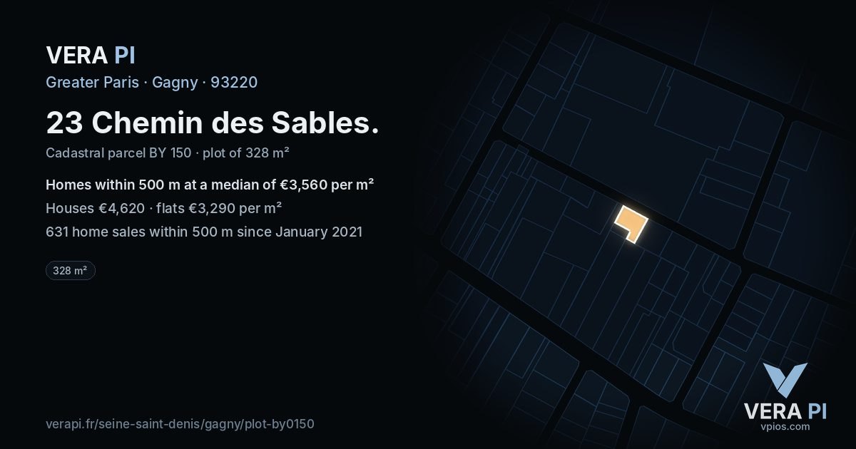 23 Chemin des Sables, Gagny at night – the plot lit, the parcels around coloured by the prices near them
