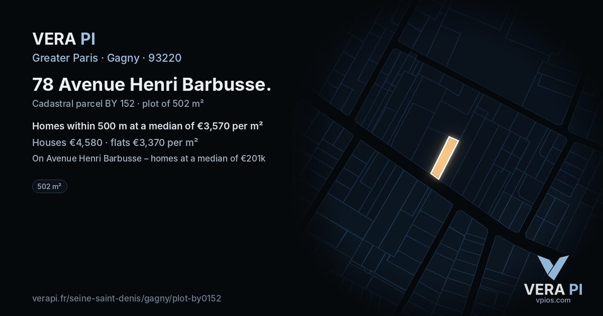 78 Avenue Henri Barbusse, Gagny at night – the plot lit, the parcels around coloured by the prices near them