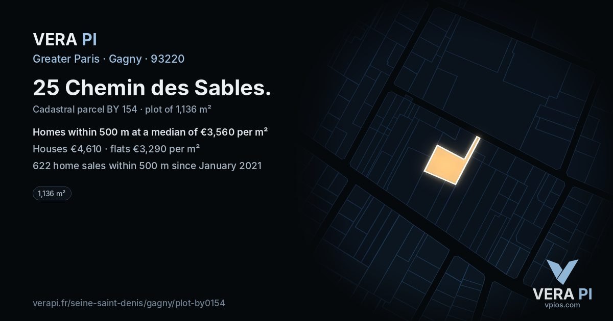 25 Chemin des Sables, Gagny at night – the plot lit, the parcels around coloured by the prices near them