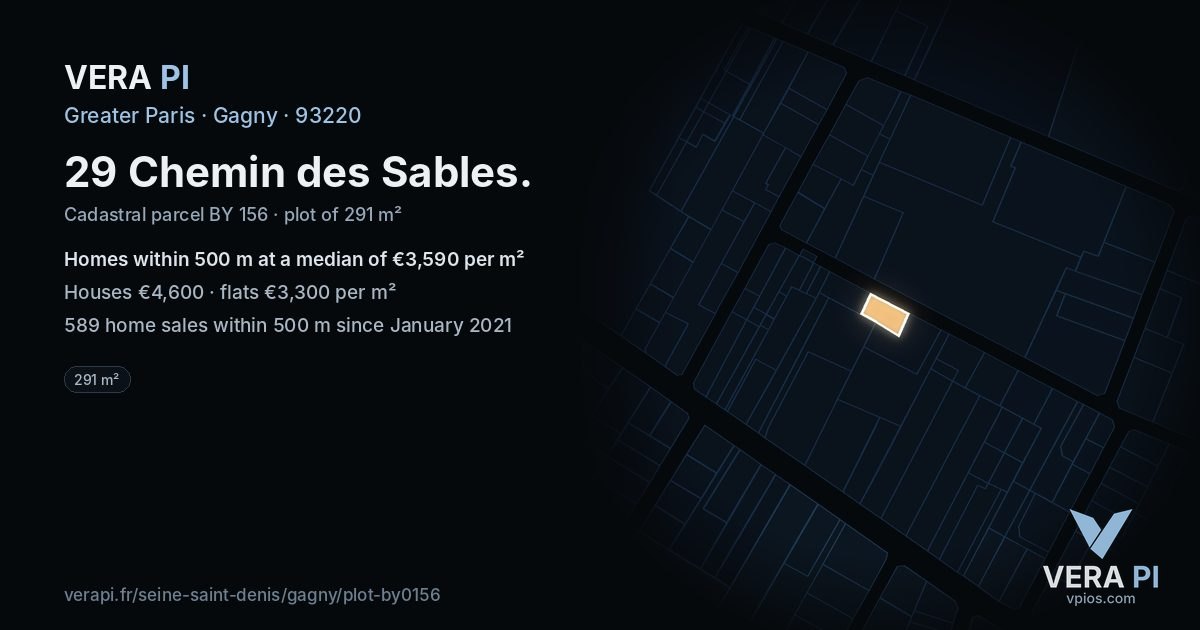 29 Chemin des Sables, Gagny at night – the plot lit, the parcels around coloured by the prices near them