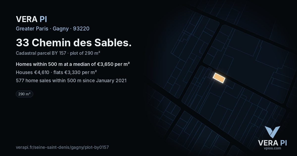 33 Chemin des Sables, Gagny at night – the plot lit, the parcels around coloured by the prices near them
