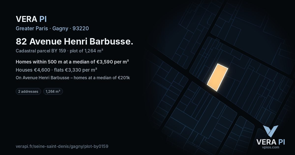82 Avenue Henri Barbusse, Gagny at night – the plot lit, the parcels around coloured by the prices near them