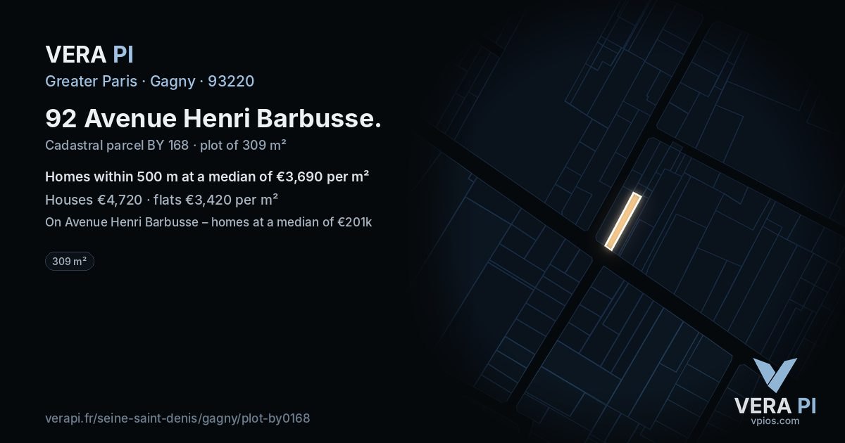 92 Avenue Henri Barbusse, Gagny at night – the plot lit, the parcels around coloured by the prices near them