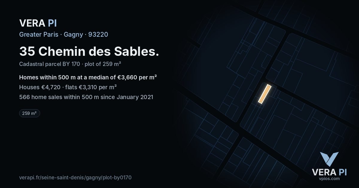 35 Chemin des Sables, Gagny at night – the plot lit, the parcels around coloured by the prices near them