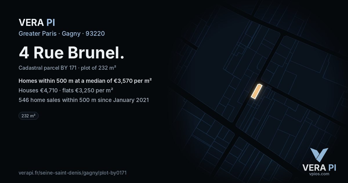 4 Rue Brunel, Gagny at night – the plot lit, the parcels around coloured by the prices near them