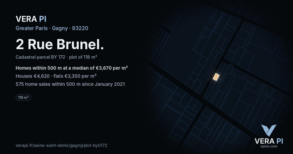 2 Rue Brunel, Gagny at night – the plot lit, the parcels around coloured by the prices near them