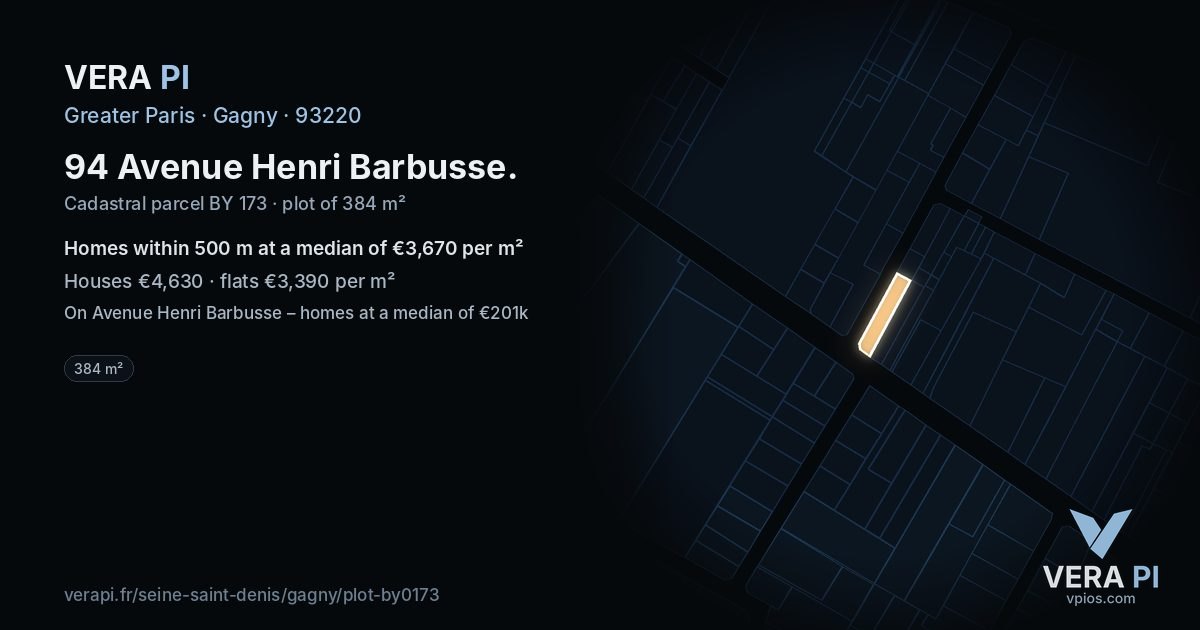 94 Avenue Henri Barbusse, Gagny at night – the plot lit, the parcels around coloured by the prices near them