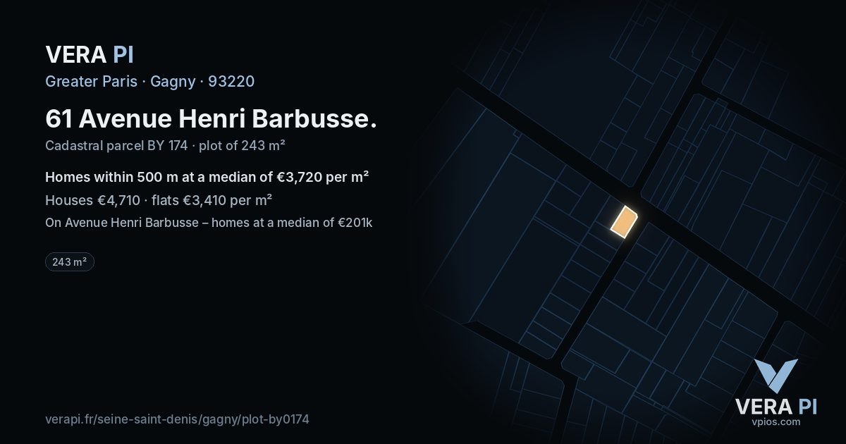 61 Avenue Henri Barbusse, Gagny at night – the plot lit, the parcels around coloured by the prices near them