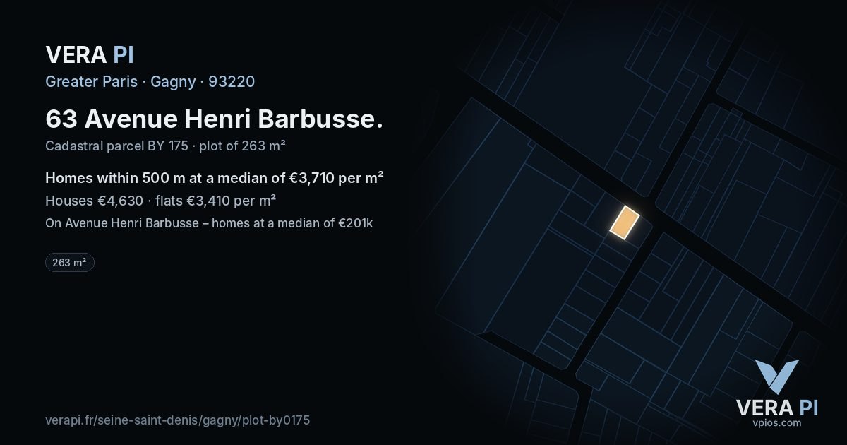 63 Avenue Henri Barbusse, Gagny at night – the plot lit, the parcels around coloured by the prices near them