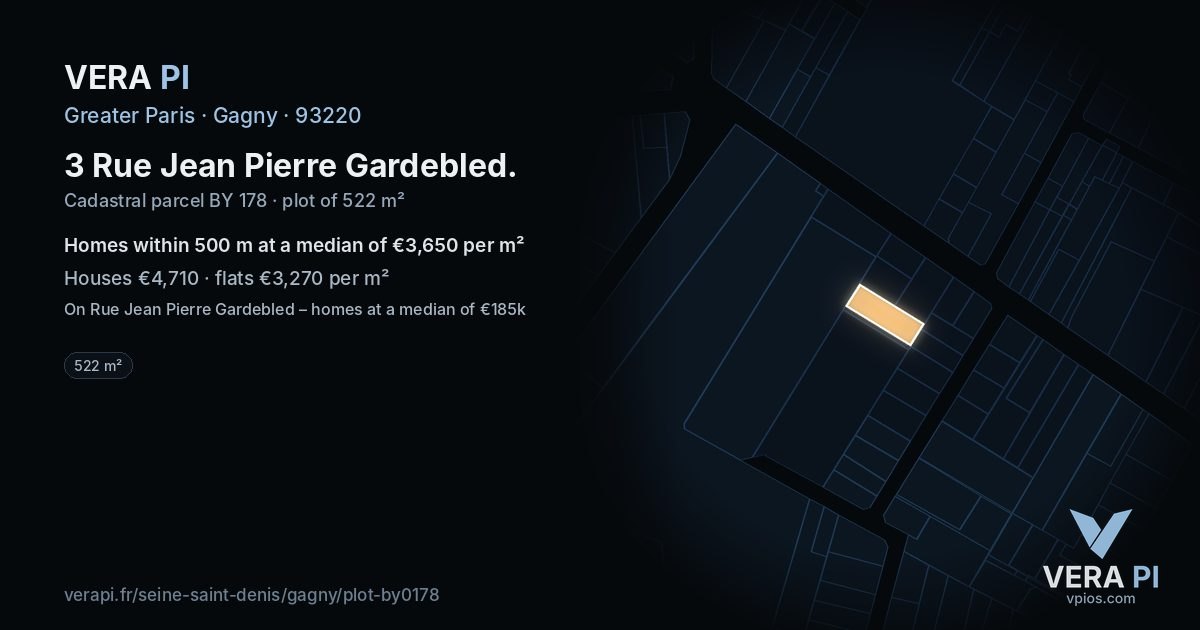3 Rue Jean Pierre Gardebled, Gagny at night – the plot lit, the parcels around coloured by the prices near them