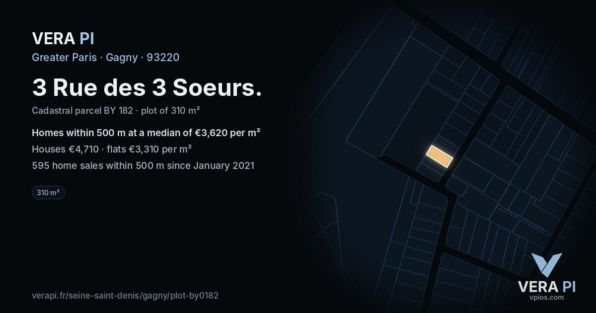 3 Rue des 3 Soeurs, Gagny at night – the plot lit, the parcels around coloured by the prices near them