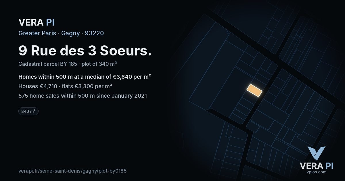 9 Rue des 3 Soeurs, Gagny at night – the plot lit, the parcels around coloured by the prices near them