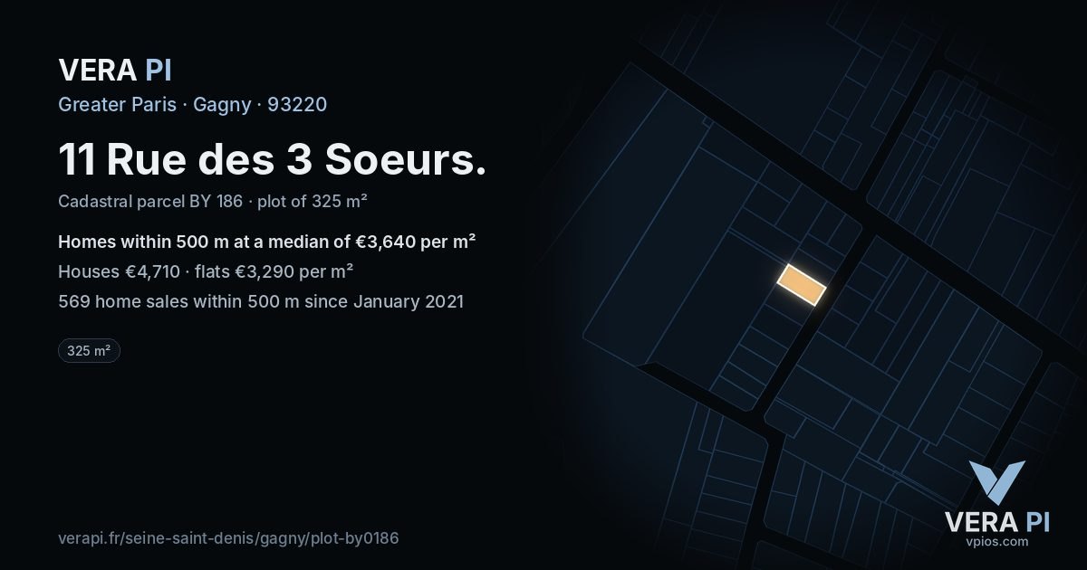 11 Rue des 3 Soeurs, Gagny at night – the plot lit, the parcels around coloured by the prices near them