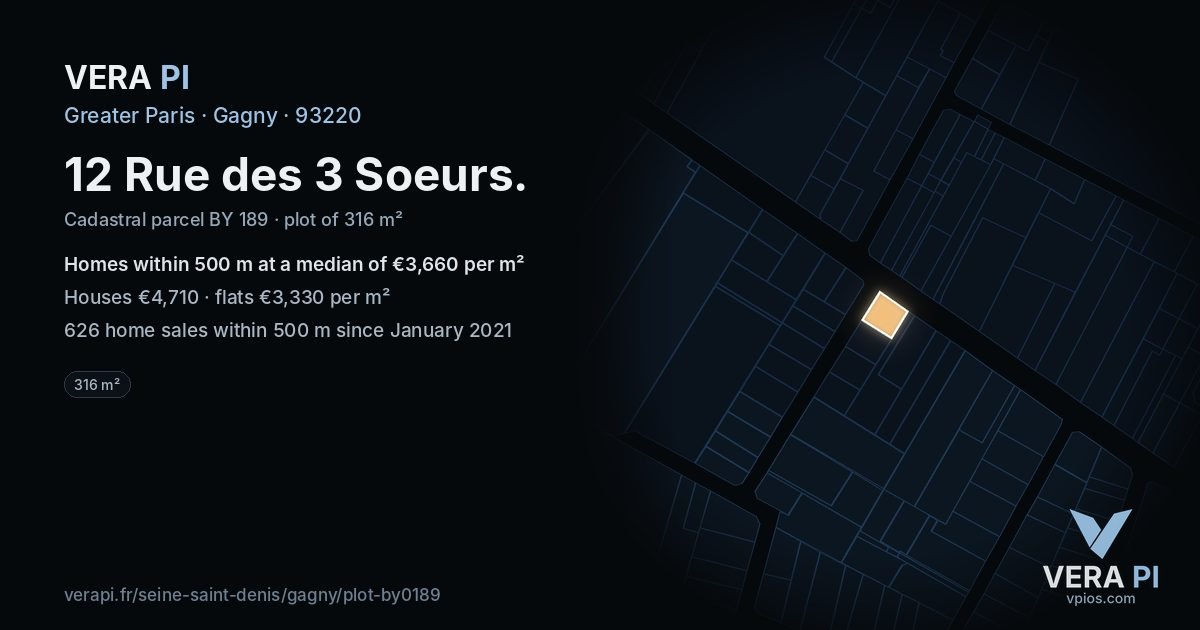 12 Rue des 3 Soeurs, Gagny at night – the plot lit, the parcels around coloured by the prices near them