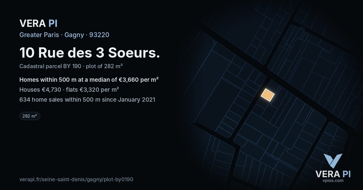 10 Rue des 3 Soeurs, Gagny at night – the plot lit, the parcels around coloured by the prices near them