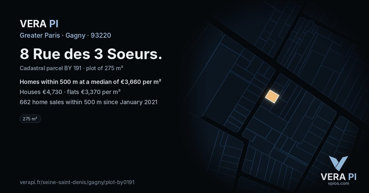 8 Rue des 3 Soeurs, Gagny at night – the plot lit, the parcels around coloured by the prices near them