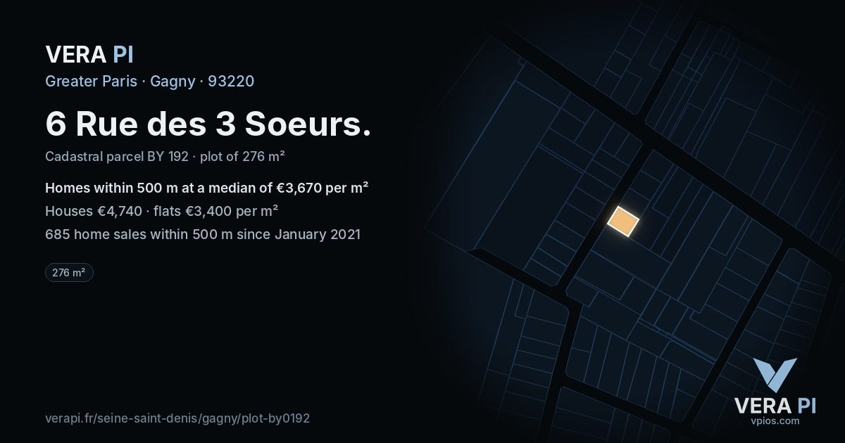 6 Rue des 3 Soeurs, Gagny at night – the plot lit, the parcels around coloured by the prices near them